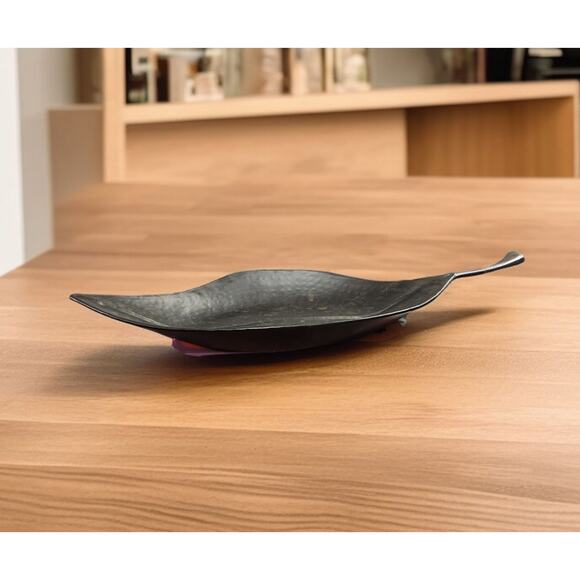 Fitz and Floyd Hammered Large Black Brown Leaf Serving Tray Made in India - Picture 4 of 7